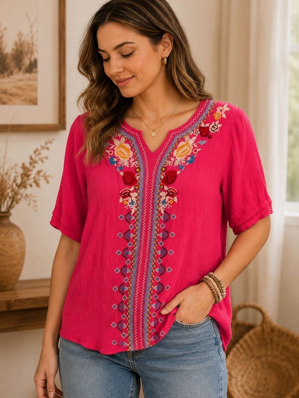 Boho Embroidered Floral Peasant Blouse Pink Tunic Women's Large Fits Medium